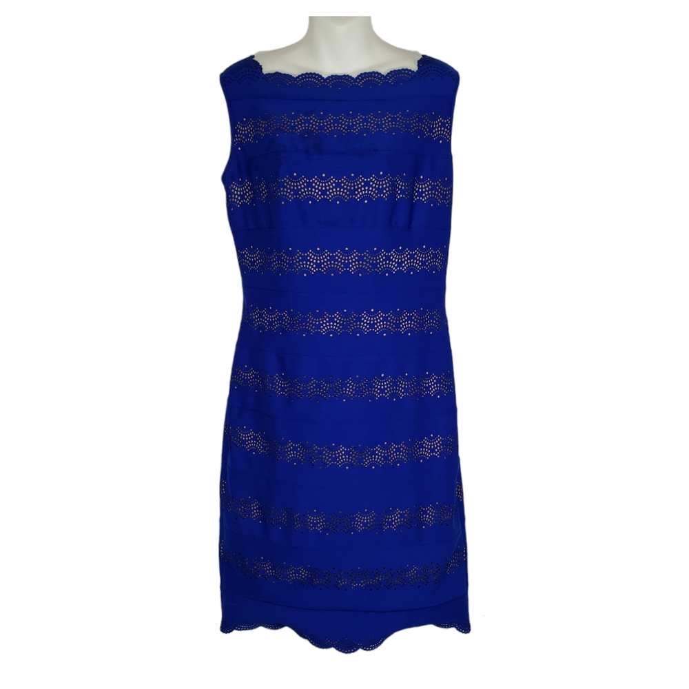 Tadashi Shoji Blue Laser Cut Sleeveless Sheath Dress Size Large
